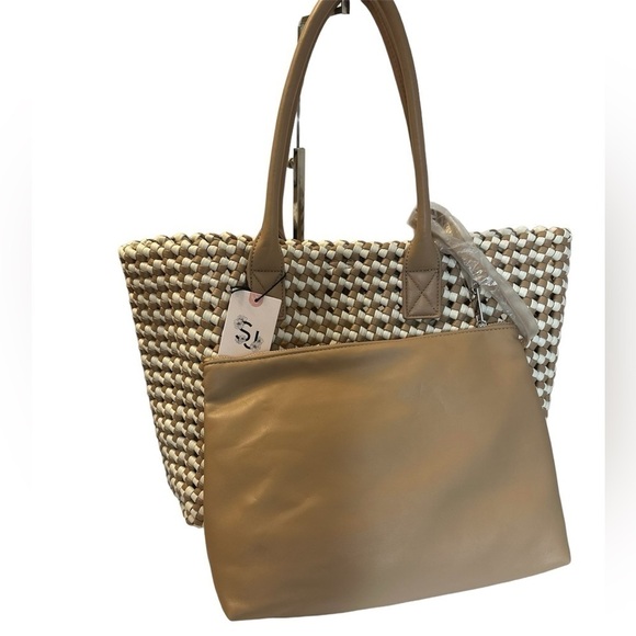 Sincerely Jules Brown & White Woven Vegan Leather Tote W Large Pouch(D243) - Picture 3 of 8